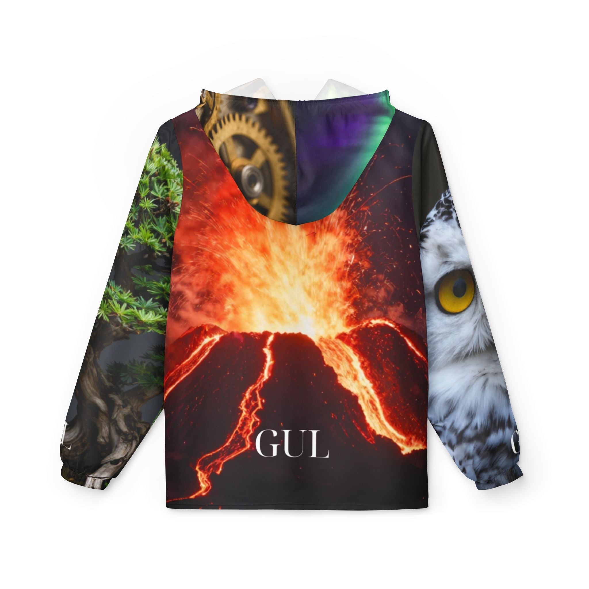 Nature Montage Windbreaker Jacket with owl, polar bear, sunflower field, and volcano all-over print – back view