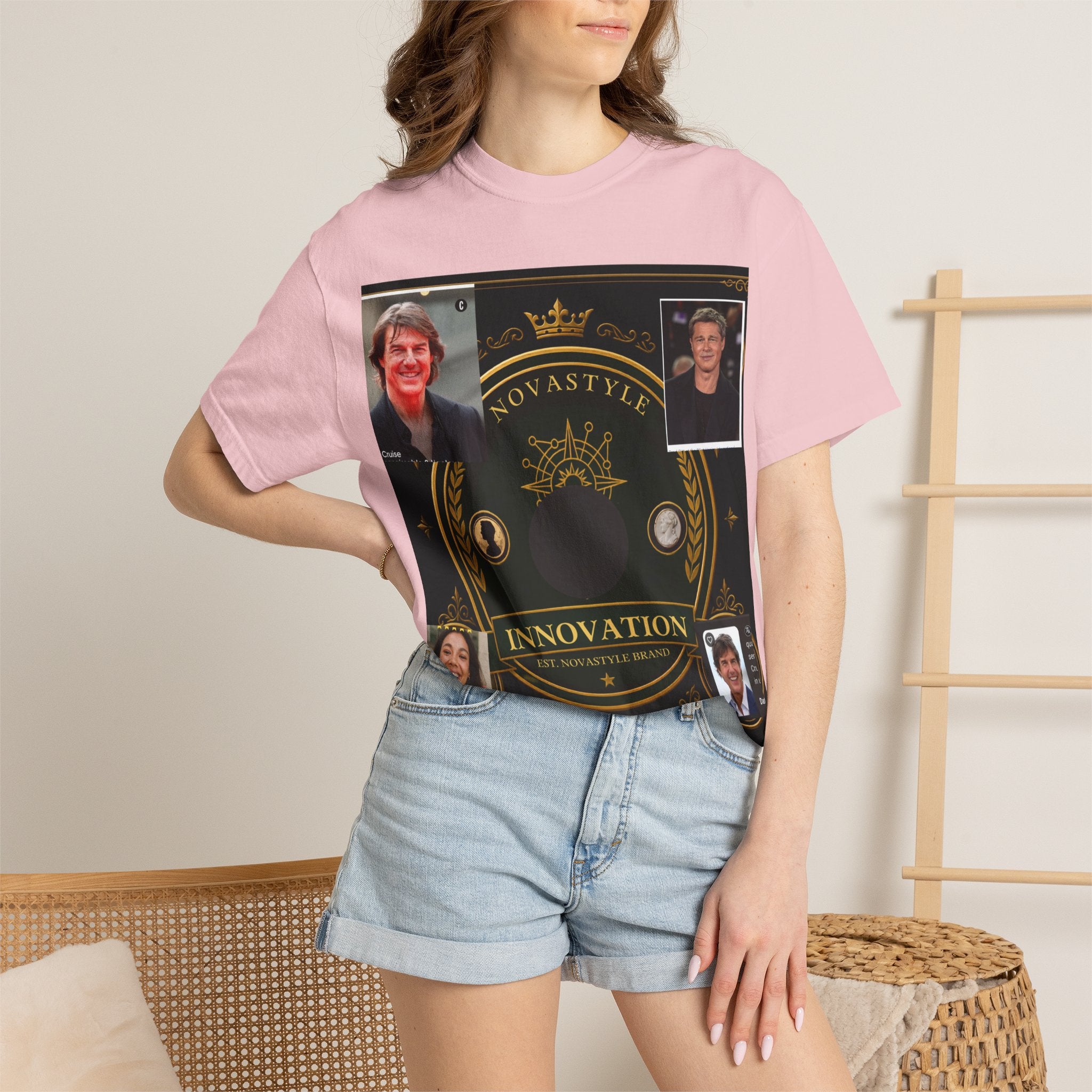 Innovation Crest T-Shirt — Vintage Emblem Tee with Portrait Collage