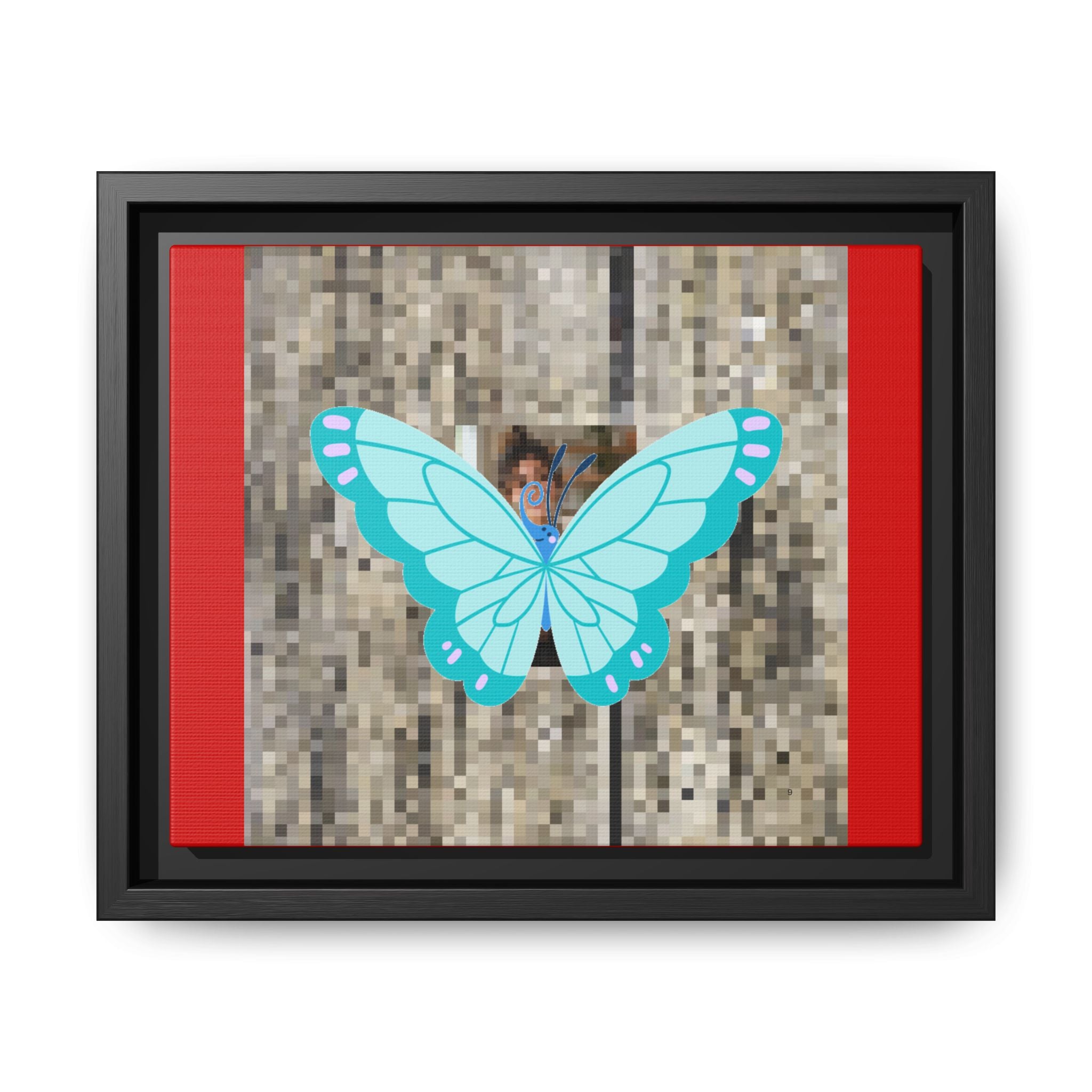 Blue Butterfly Framed Canvas Art — hanging in room setting