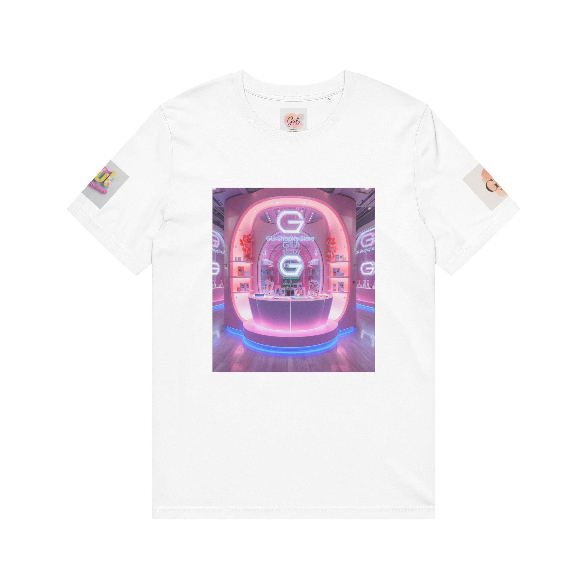 Neon Shop Icon T-Shirt — Colorful Gradient Shopping Bag Design