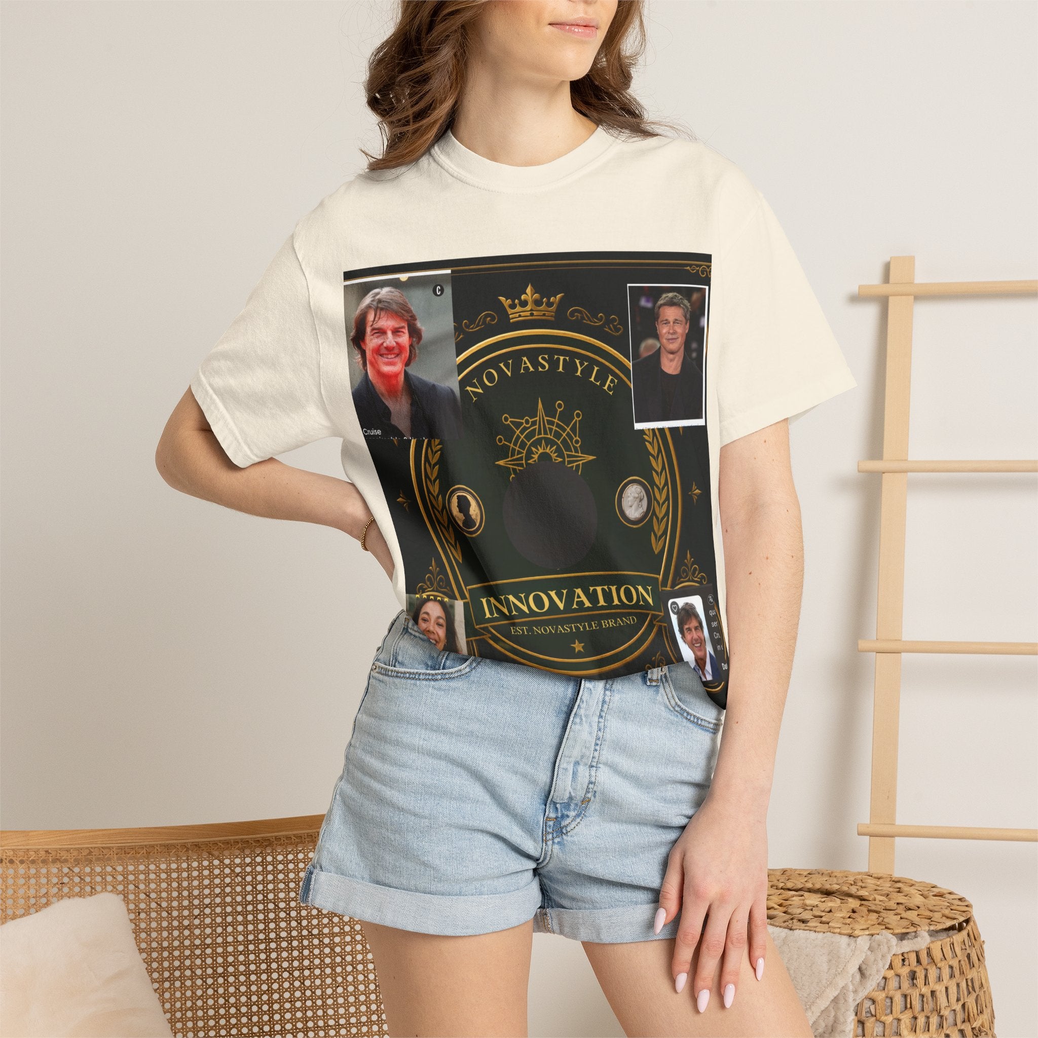 Innovation Crest T-Shirt — Vintage Emblem Tee with Portrait Collage