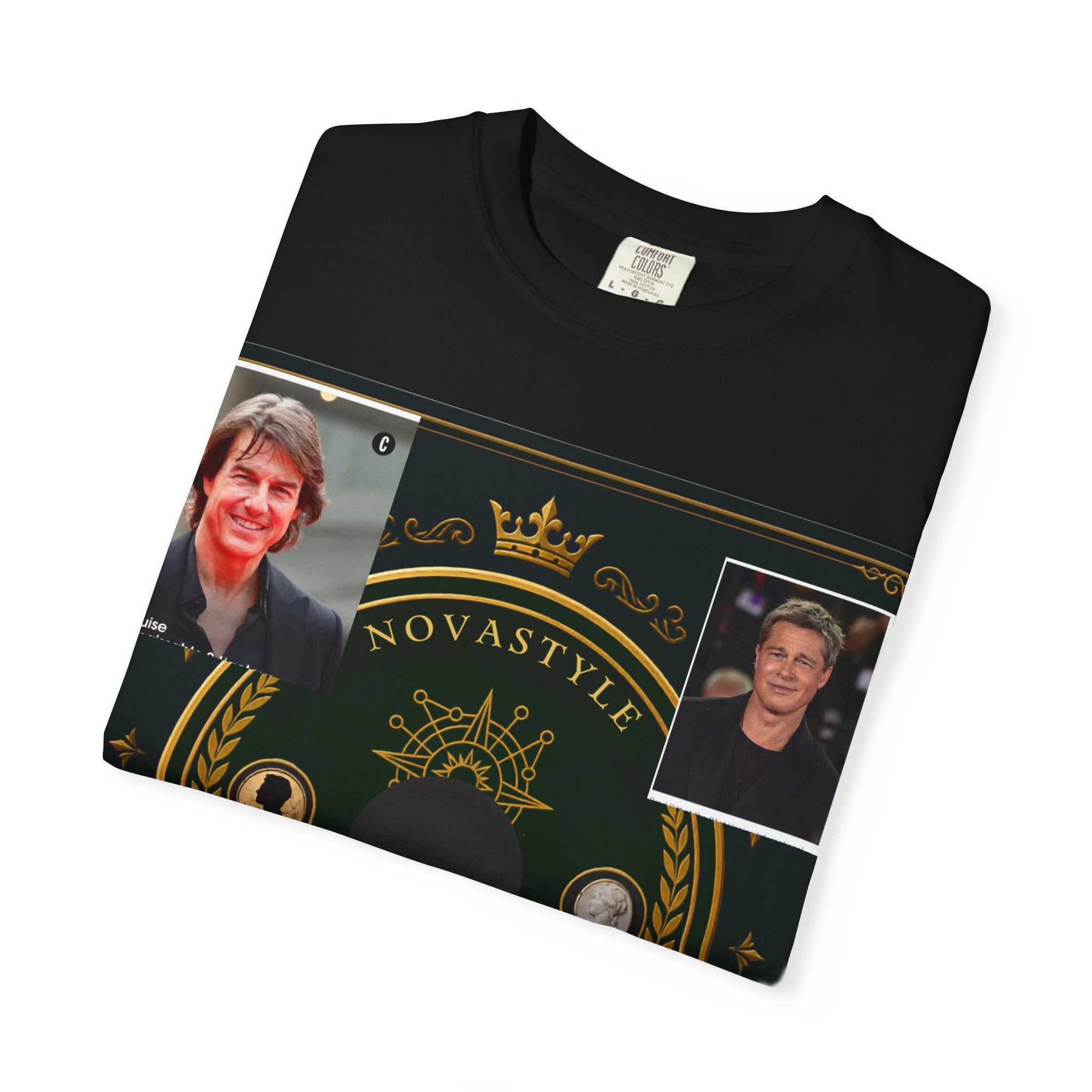Innovation Crest T-Shirt — Vintage Emblem Tee with Portrait Collage