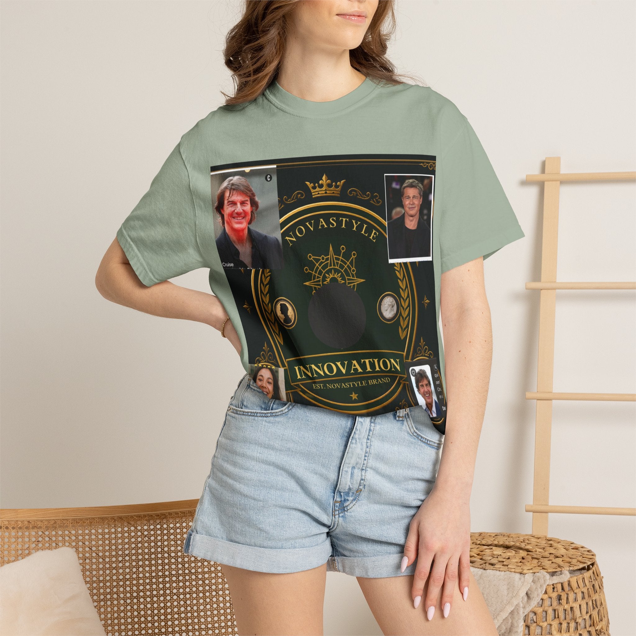 Innovation Crest T-Shirt — Vintage Emblem Tee with Portrait Collage