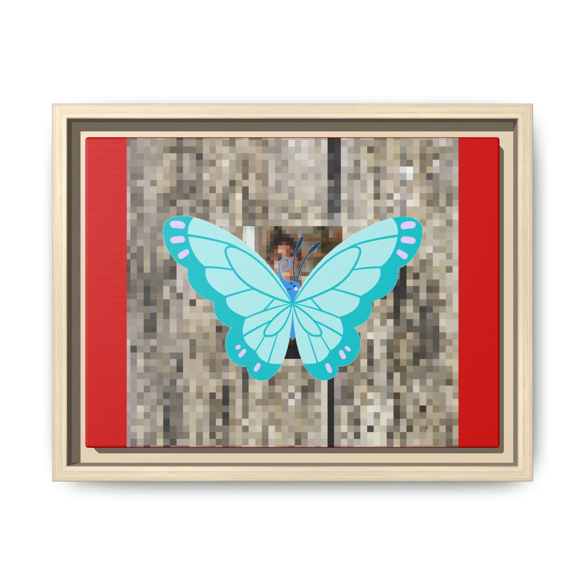 Blue Butterfly Framed Canvas Art — full wall view