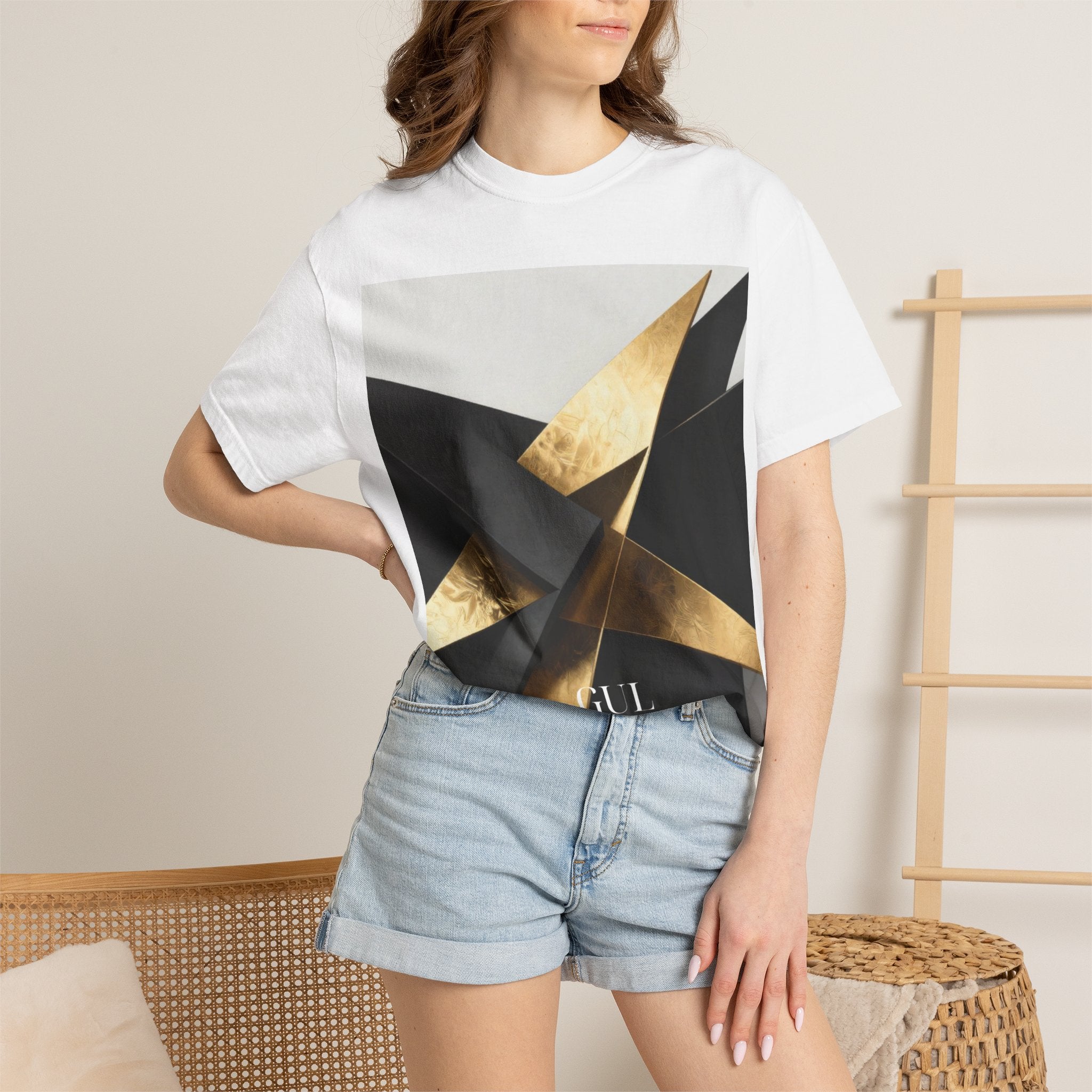 Graphic T-Shirt — Modern Gold Abstract & Mountain Photo Print
