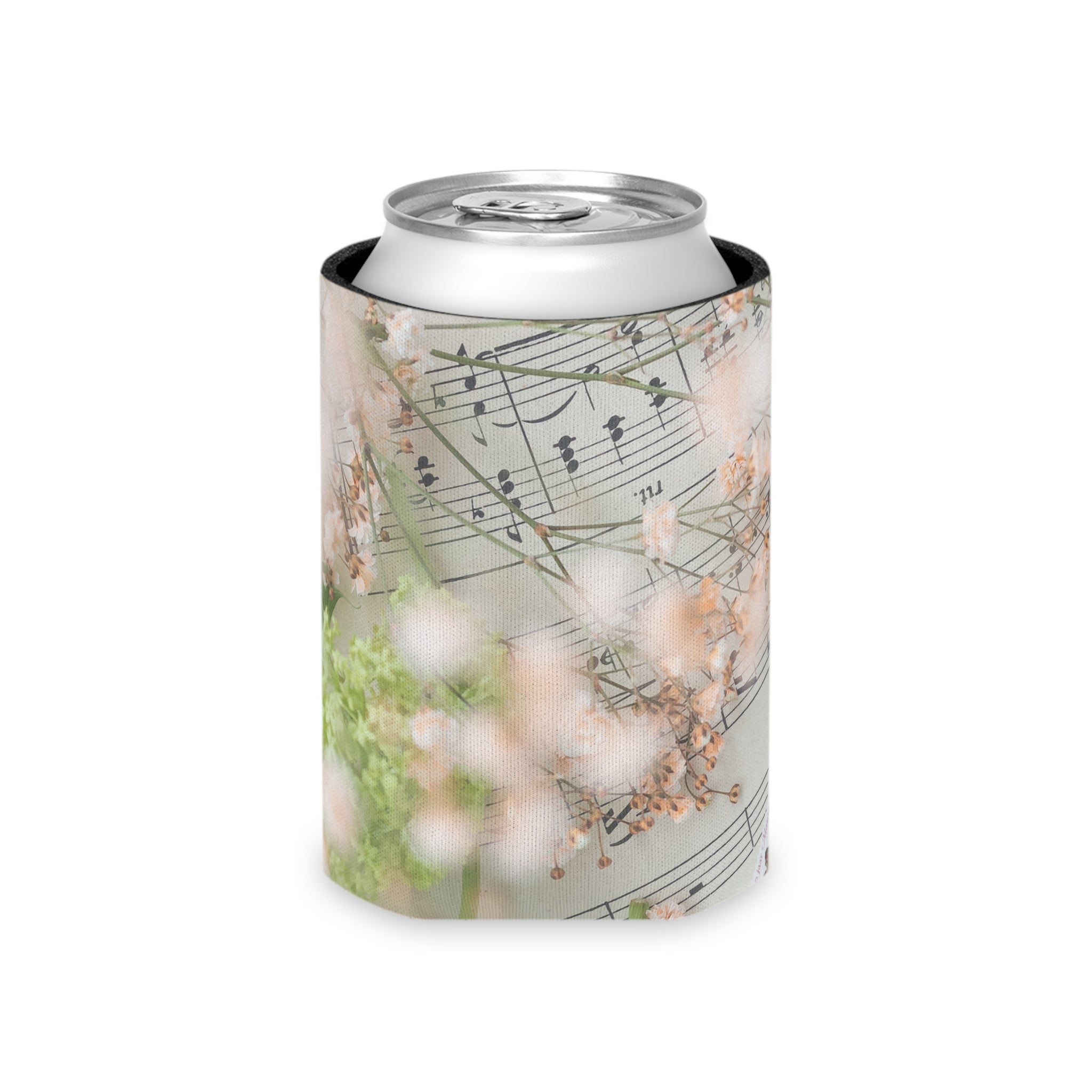 Floral Sheet Music Can Cooler — Vintage Botanical Drink Koozie