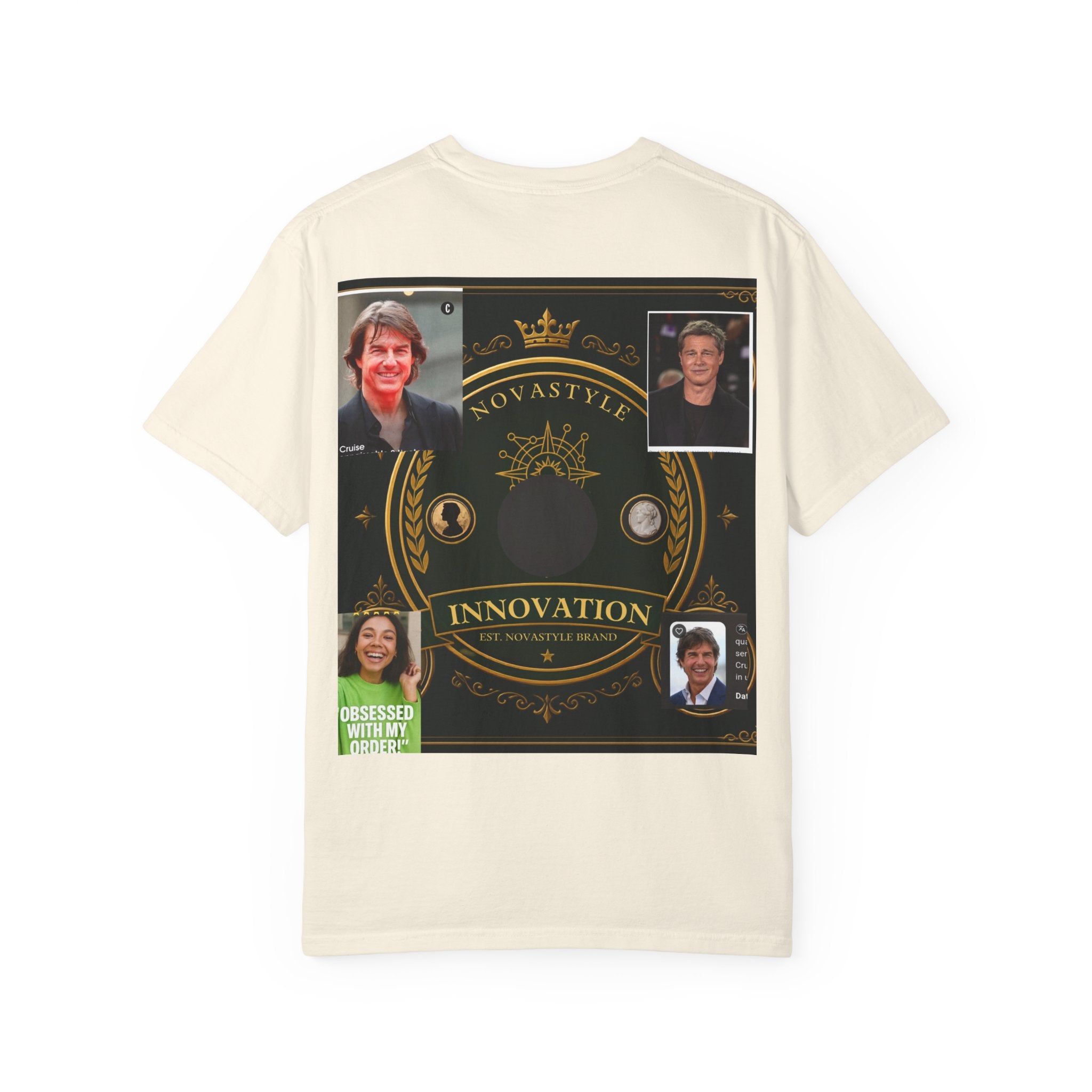 Innovation Crest T-Shirt — Vintage Emblem Tee with Portrait Collage