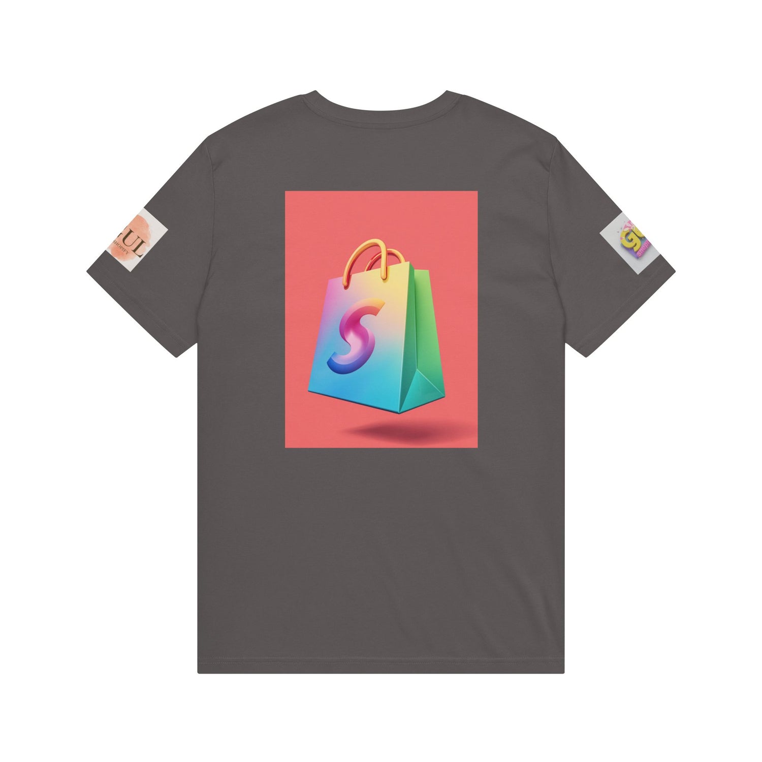 Neon Shop Icon T-Shirt — Colorful Gradient Shopping Bag Design
