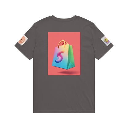 Neon Shop Icon T-Shirt — Colorful Gradient Shopping Bag Design