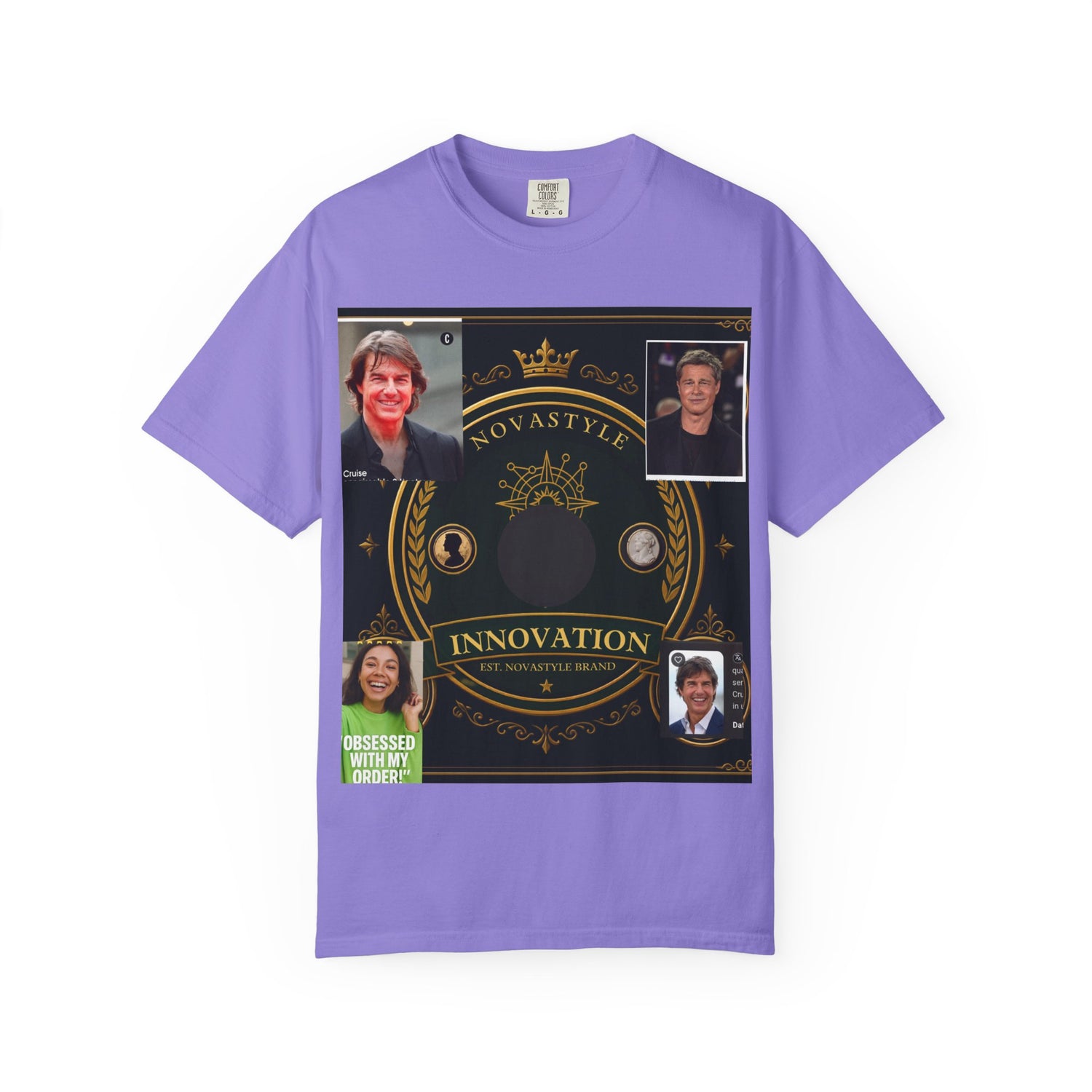 Innovation Crest T-Shirt — Vintage Emblem Tee with Portrait Collage