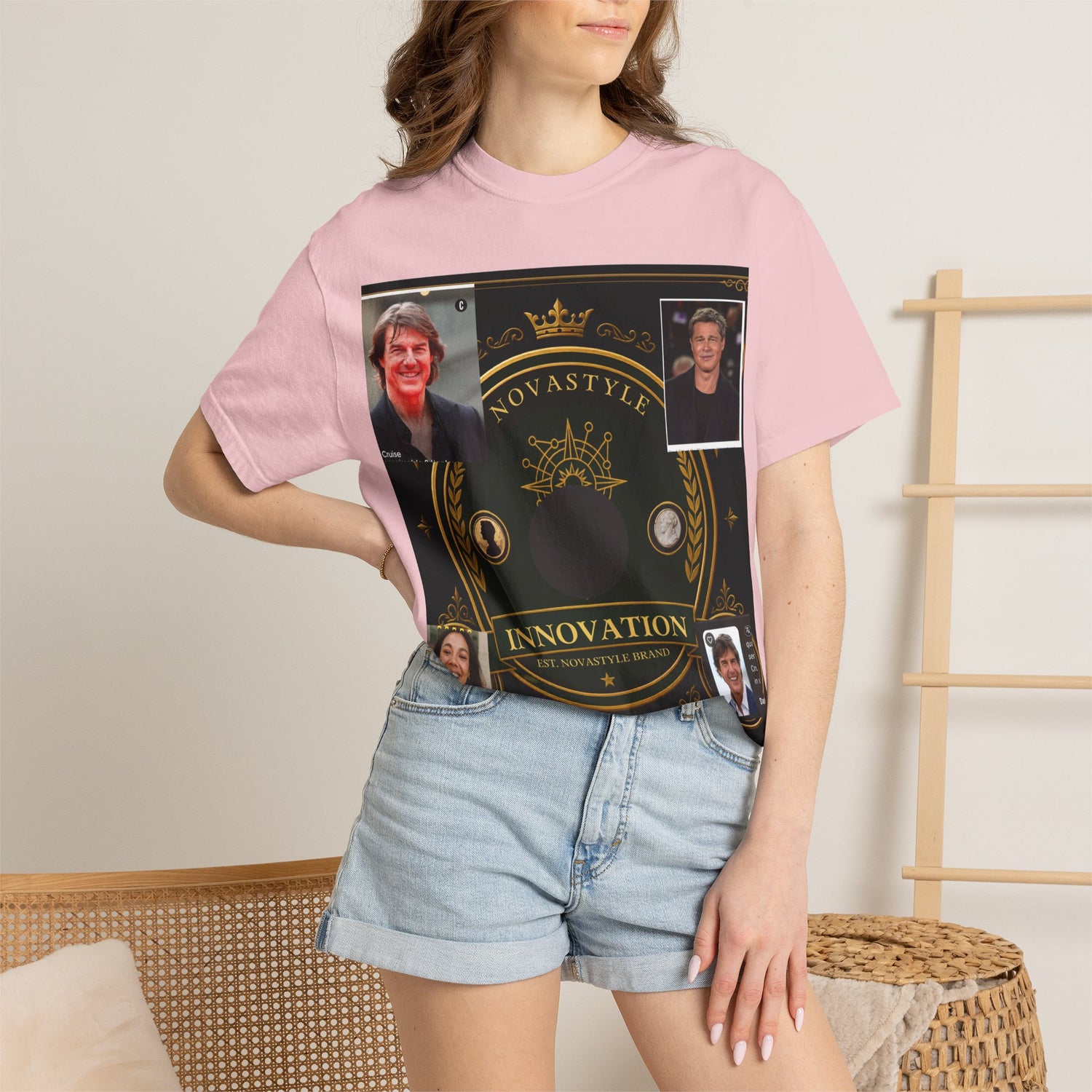 Innovation Crest T-Shirt — Vintage Emblem Tee with Portrait Collage
