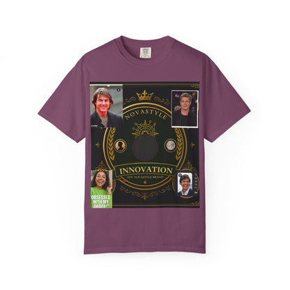 Innovation Crest T-Shirt — Vintage Emblem Tee with Portrait Collage