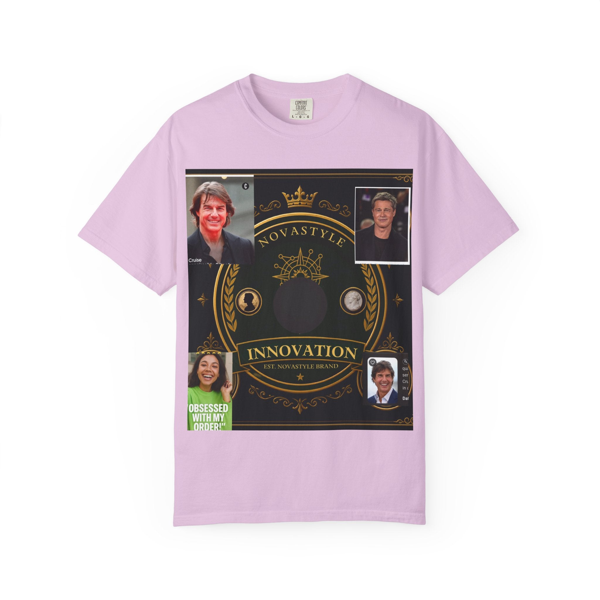 Innovation Crest T-Shirt — Vintage Emblem Tee with Portrait Collage