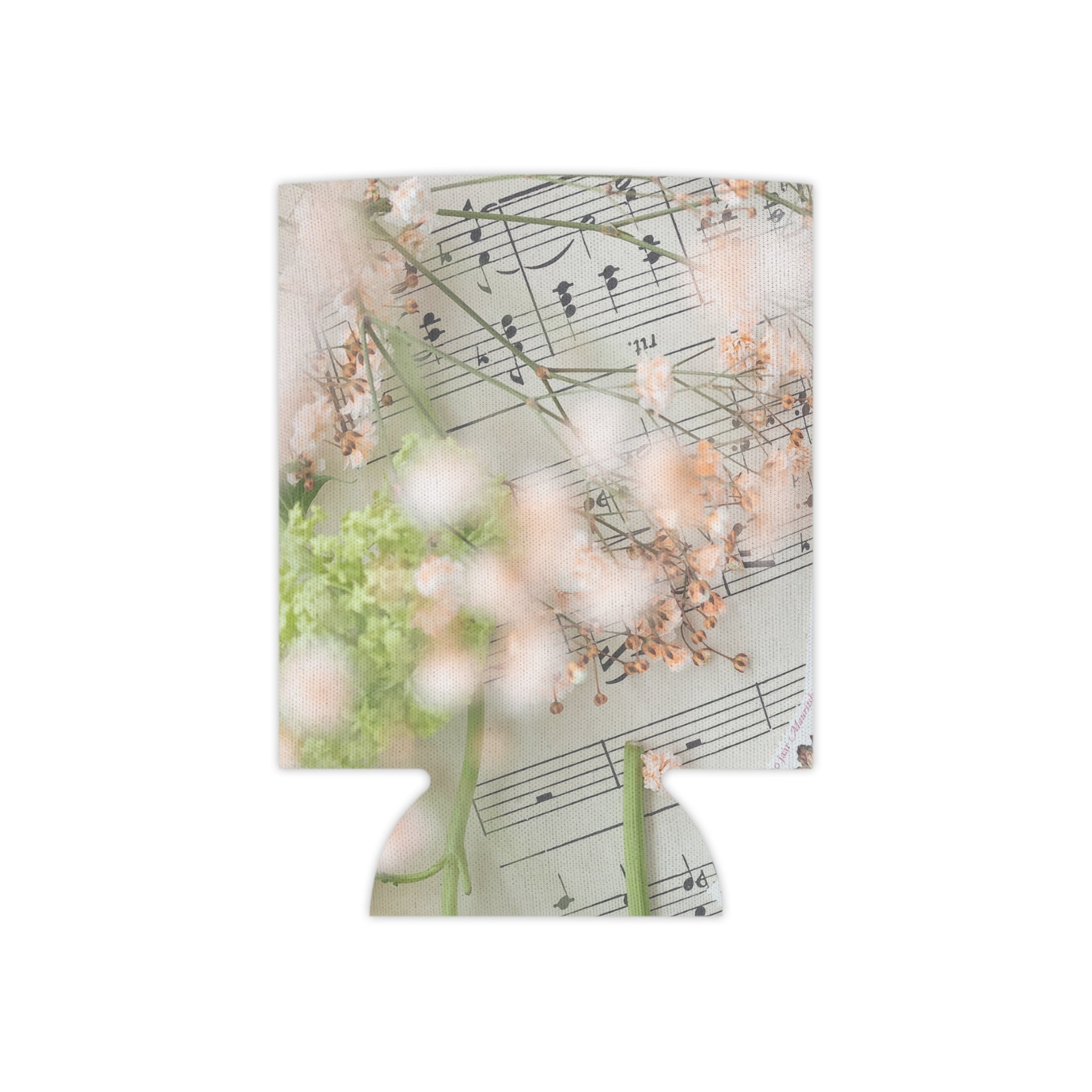 Floral Sheet Music Can Cooler — Vintage Botanical Drink Koozie
