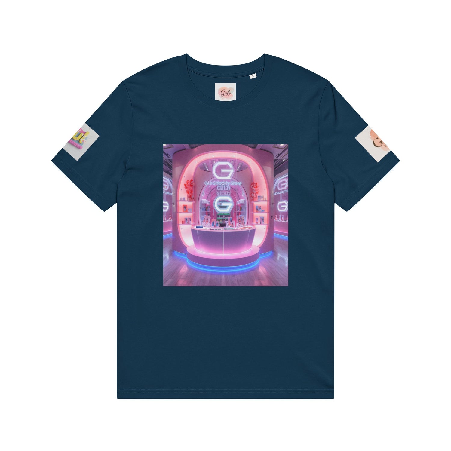 Neon Shop Icon T-Shirt — Colorful Gradient Shopping Bag Design