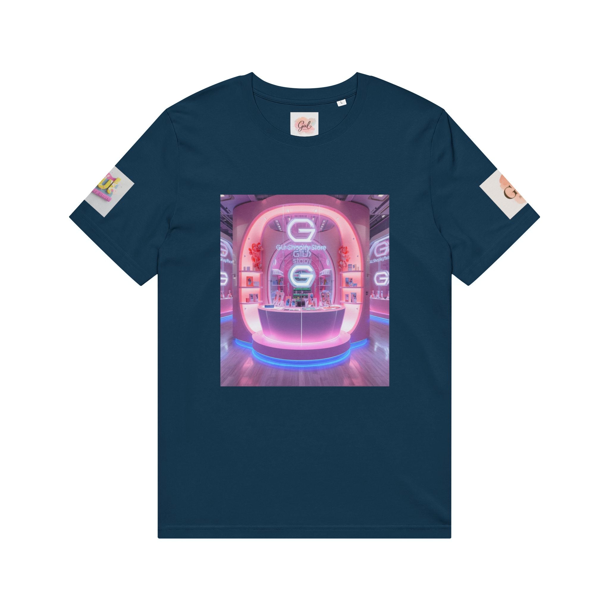 Neon Shop Icon T-Shirt — Colorful Gradient Shopping Bag Design