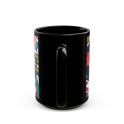 Sticker Collage Black Mug — Colorful Pop Art Coffee Cup (11oz/15oz)