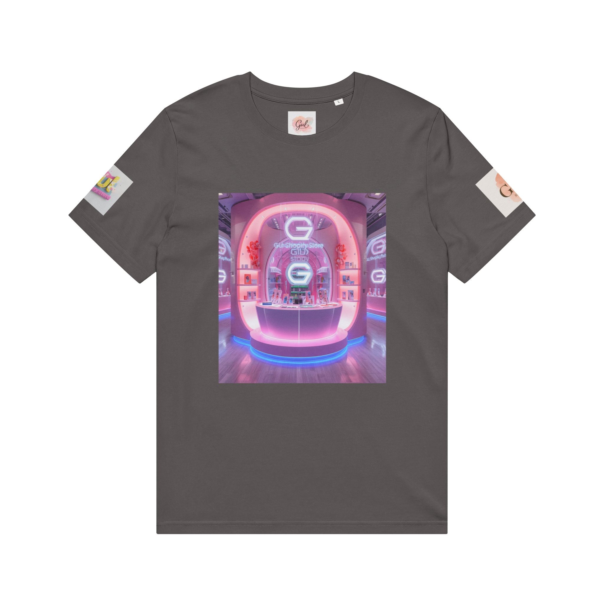 Neon Shop Icon T-Shirt — Colorful Gradient Shopping Bag Design
