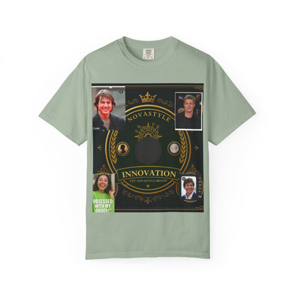Innovation Crest T-Shirt — Vintage Emblem Tee with Portrait Collage