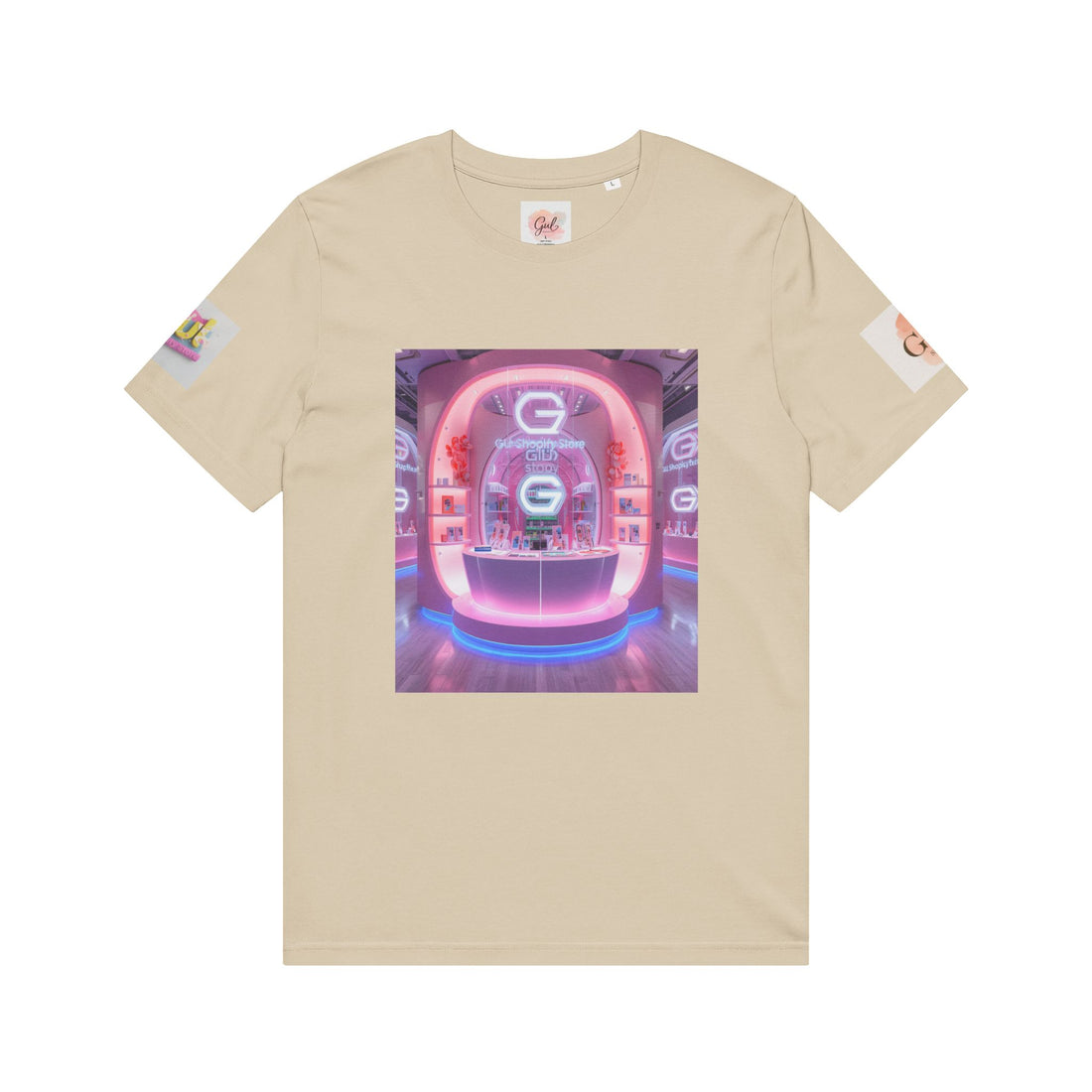 Neon Shop Icon T-Shirt — Colorful Gradient Shopping Bag Design