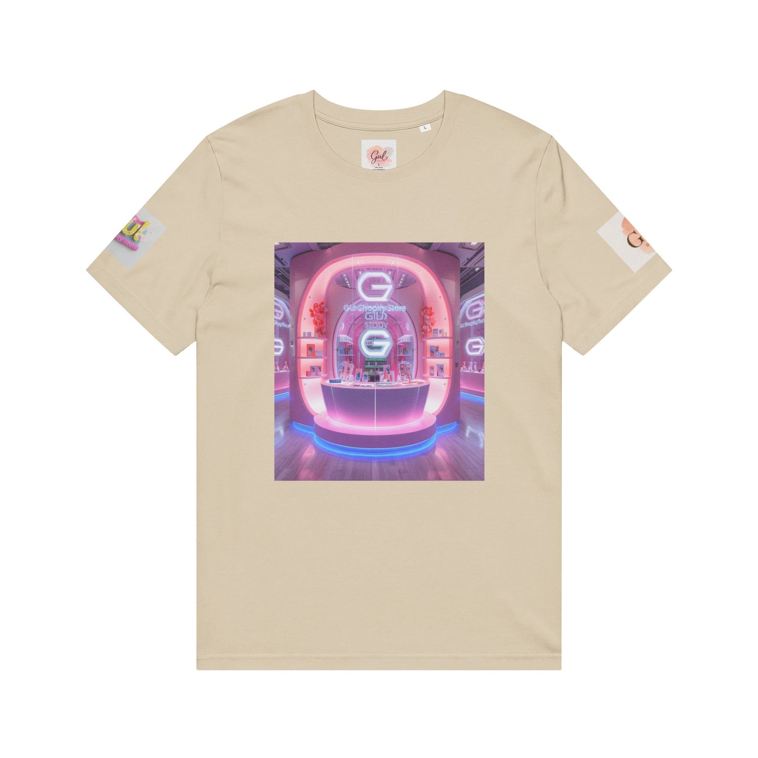 Neon Shop Icon T-Shirt — Colorful Gradient Shopping Bag Design