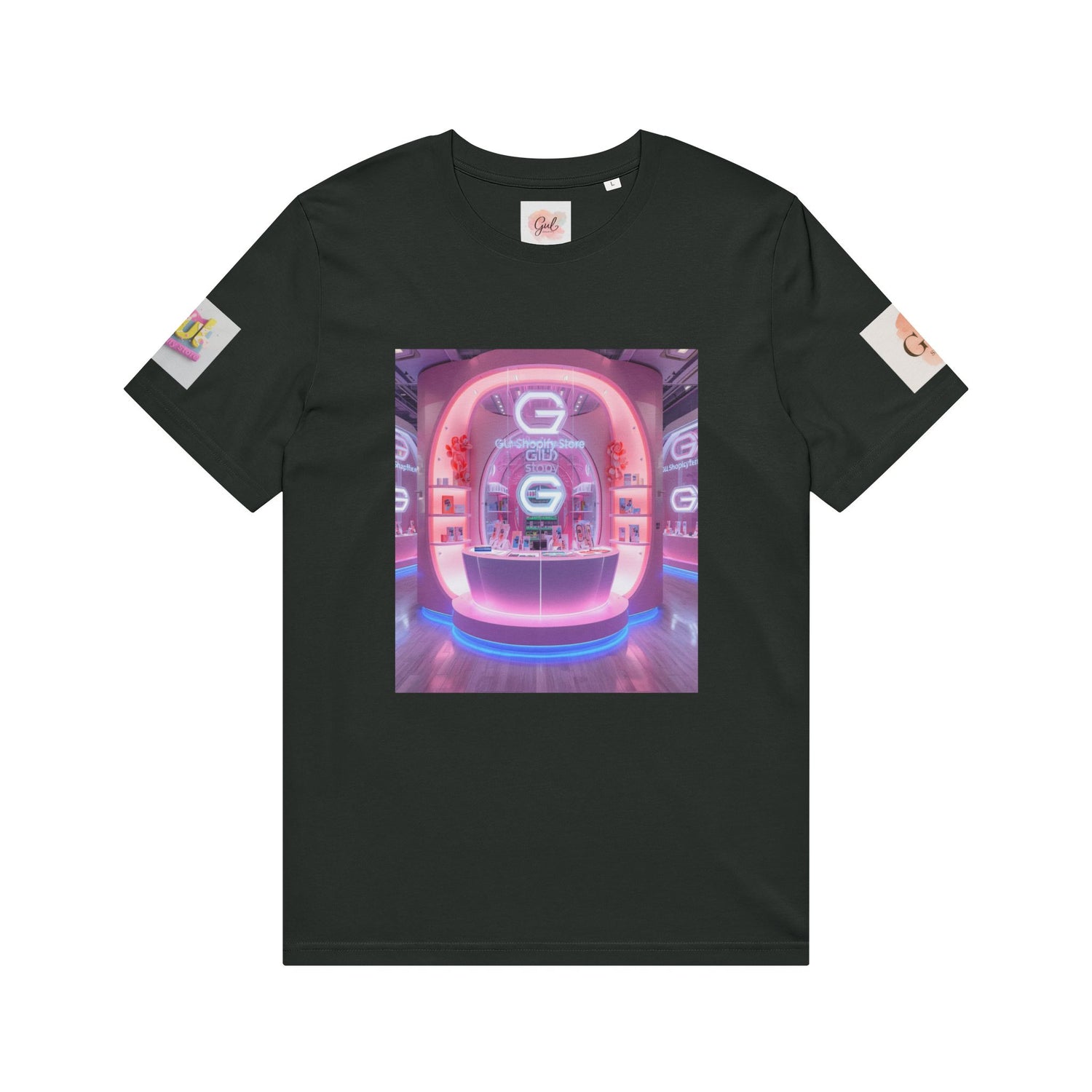 Neon Shop Icon T-Shirt — Colorful Gradient Shopping Bag Design