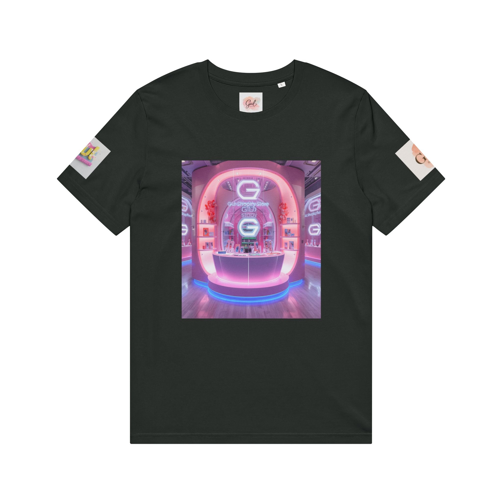 Neon Shop Icon T-Shirt — Colorful Gradient Shopping Bag Design