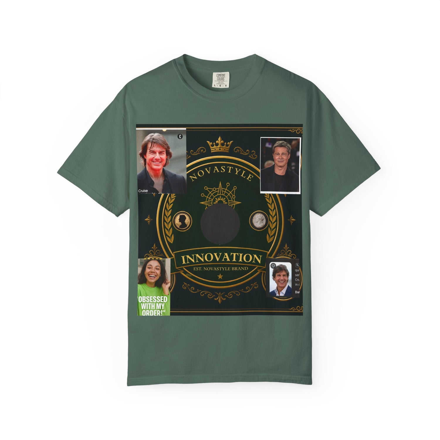 Innovation Crest T-Shirt — Vintage Emblem Tee with Portrait Collage