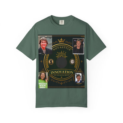 Innovation Crest T-Shirt — Vintage Emblem Tee with Portrait Collage