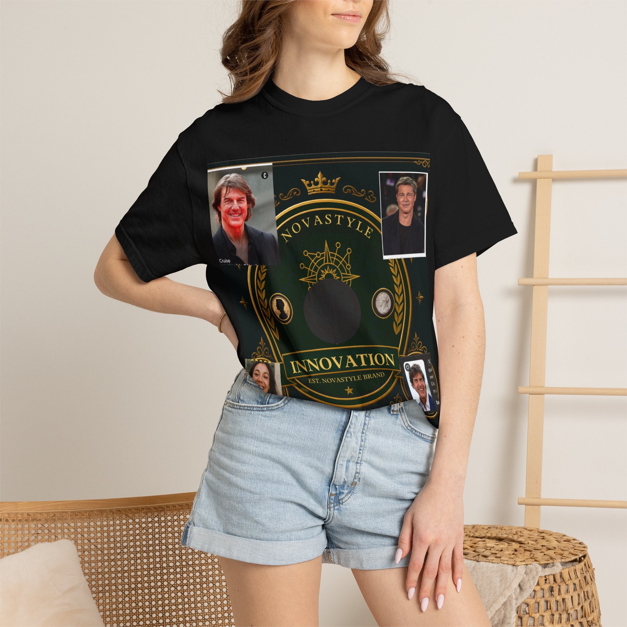 Innovation Crest T-Shirt — Vintage Emblem Tee with Portrait Collage