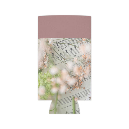 Floral Sheet Music Can Cooler — Vintage Botanical Drink Koozie