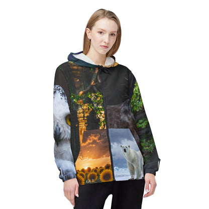 Close-up of owl and polar bear graphic print detail on Nature Montage Windbreaker Jacket