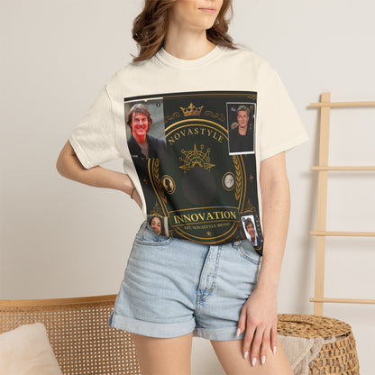 Innovation Crest T-Shirt — Vintage Emblem Tee with Portrait Collage