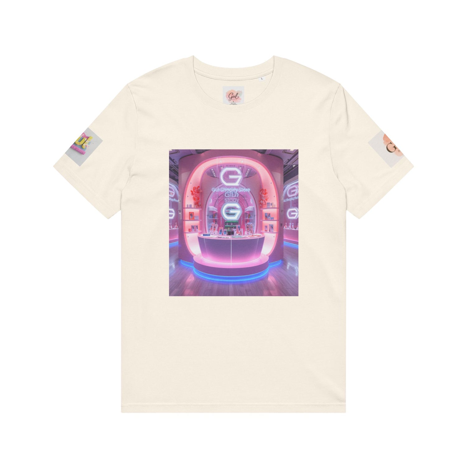 Neon Shop Icon T-Shirt — Colorful Gradient Shopping Bag Design