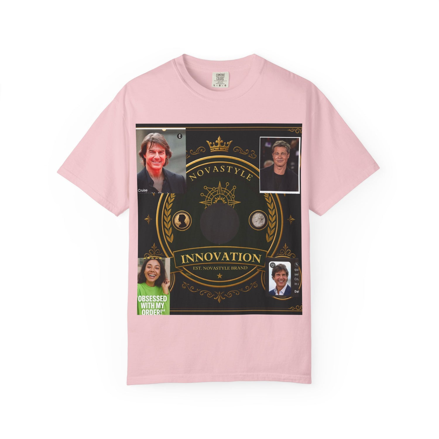 Innovation Crest T-Shirt — Vintage Emblem Tee with Portrait Collage