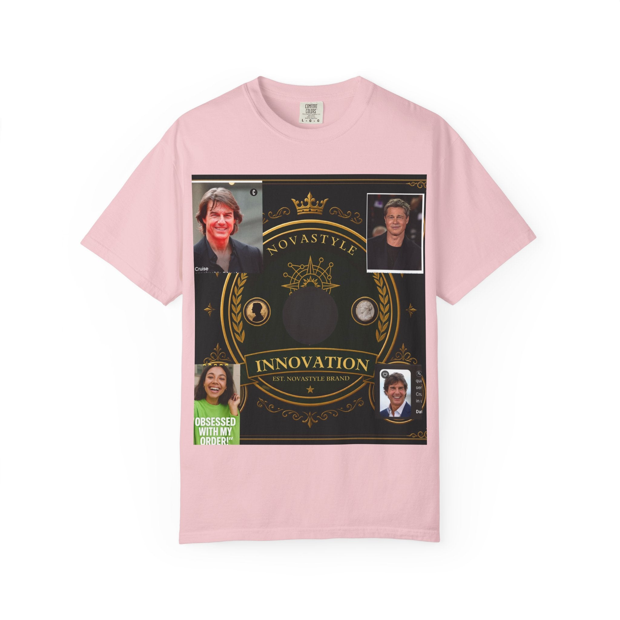 Innovation Crest T-Shirt — Vintage Emblem Tee with Portrait Collage