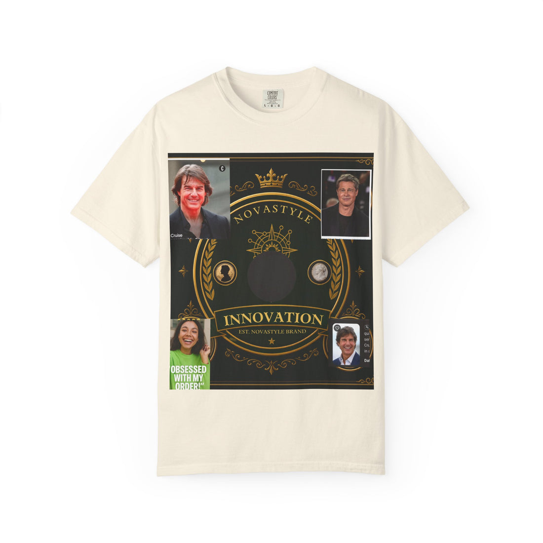 Innovation Crest T-Shirt — vintage emblem tee with portrait collage, gallery view 2, NovaStyle