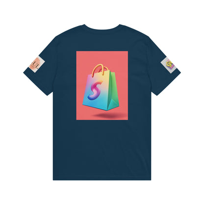 Neon Shop Icon T-Shirt — Colorful Gradient Shopping Bag Design