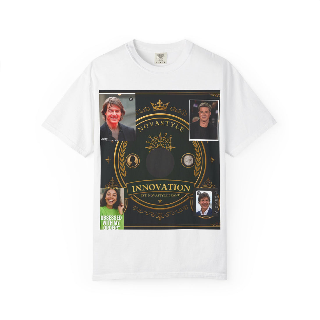 Innovation Crest T-Shirt — Vintage Emblem Tee with Portrait Collage