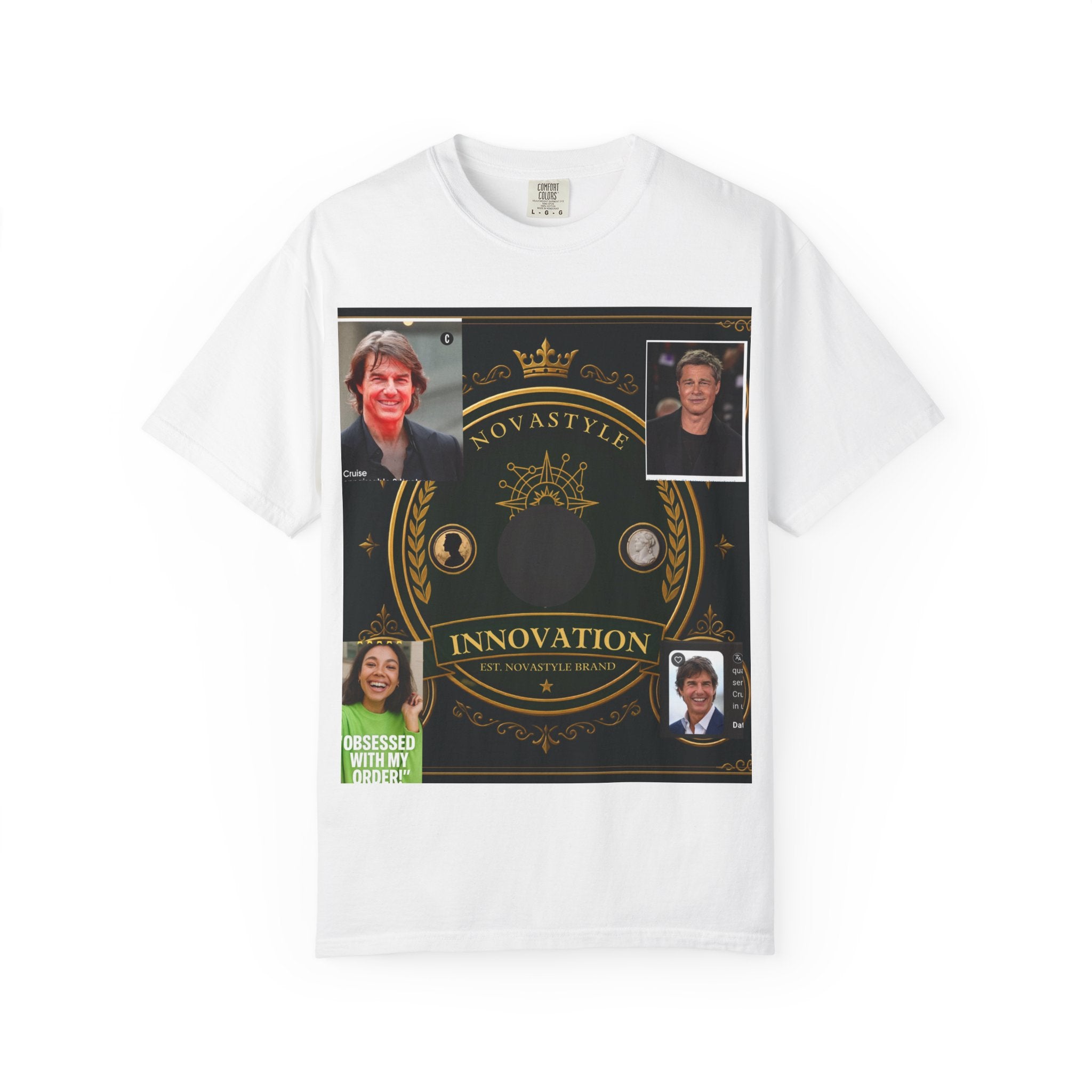Innovation Crest T-Shirt — Vintage Emblem Tee with Portrait Collage