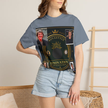 Innovation Crest T-Shirt — Vintage Emblem Tee with Portrait Collage