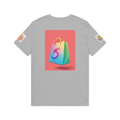 Neon Shop Icon T-Shirt — Colorful Gradient Shopping Bag Design