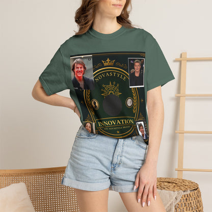 Innovation Crest T-Shirt — Vintage Emblem Tee with Portrait Collage