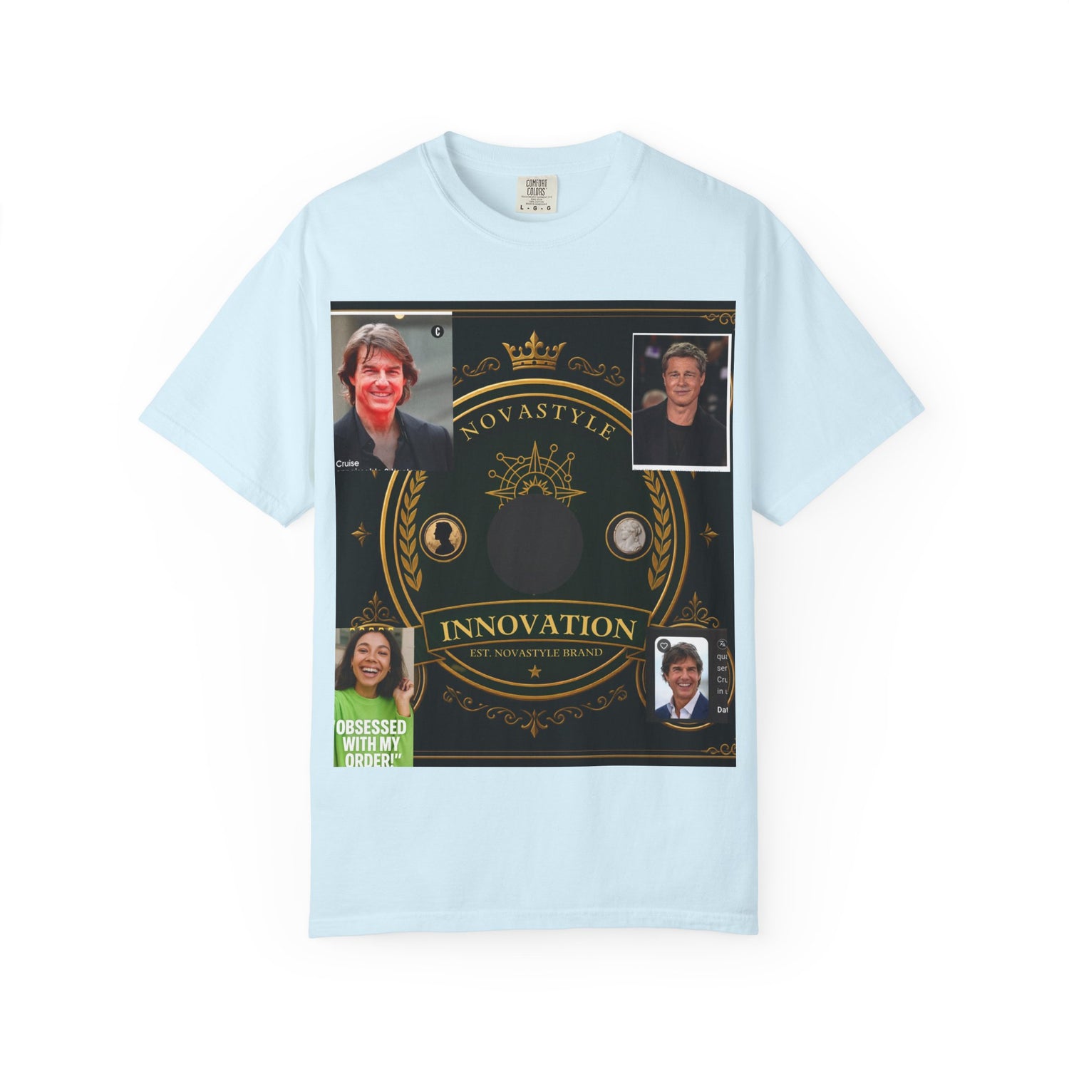 Innovation Crest T-Shirt — Vintage Emblem Tee with Portrait Collage