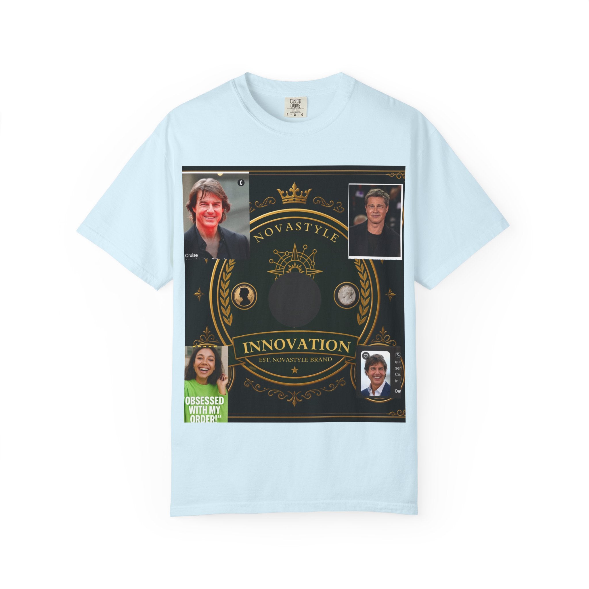 Innovation Crest T-Shirt — Vintage Emblem Tee with Portrait Collage