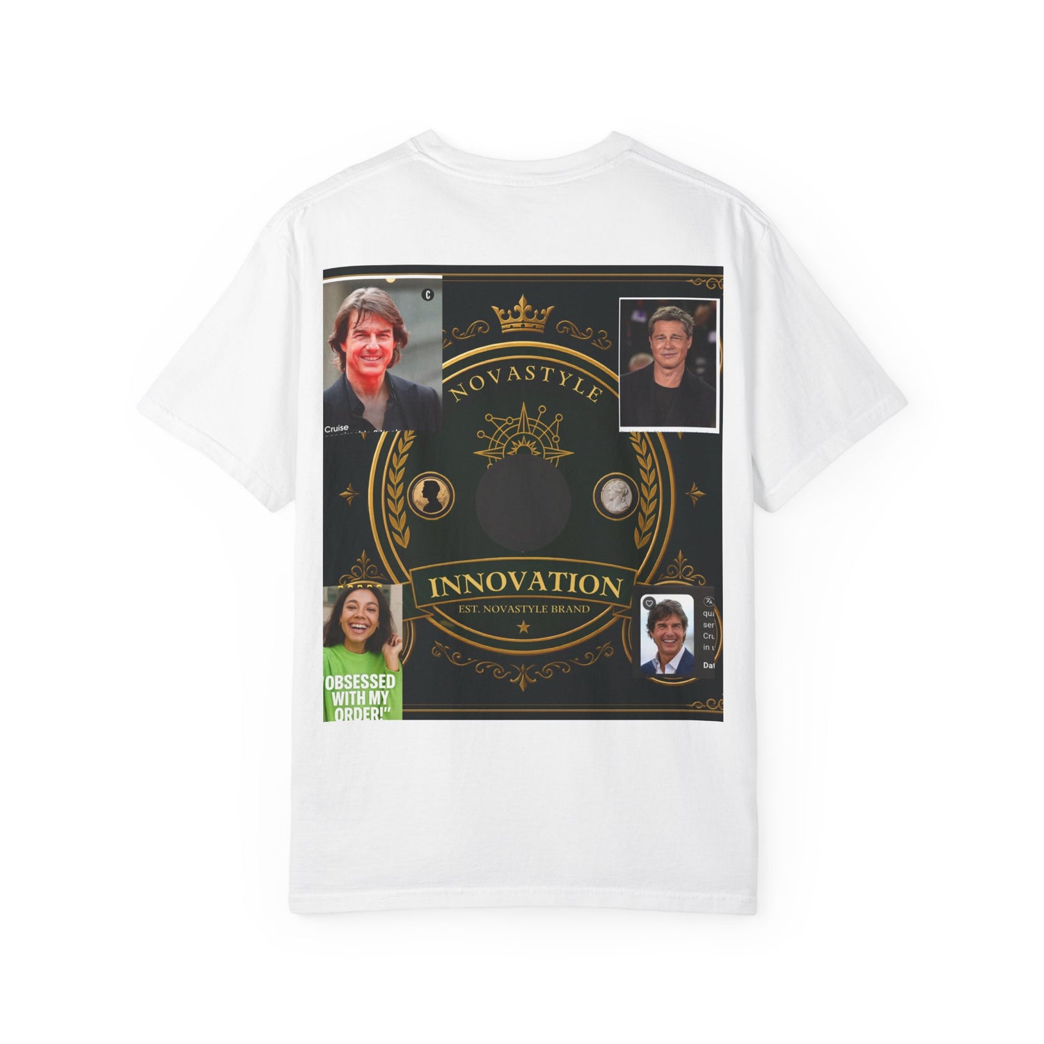Innovation Crest T-Shirt — Vintage Emblem Tee with Portrait Collage